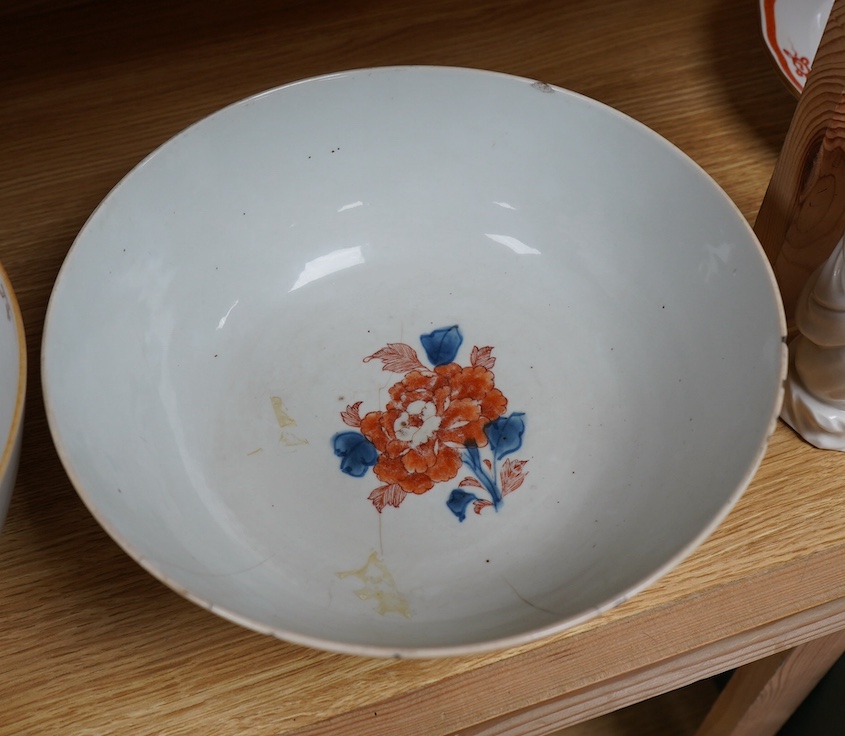 Three late 18th century Chinese porcelain bowls, (all damaged), noticed 28.5cm diameter. Condition - poor.